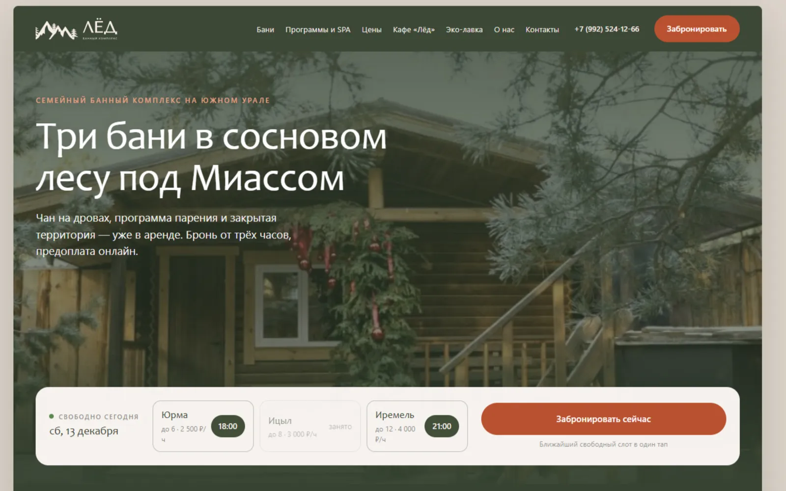 Главная страница сайта банного комплекса «Лёд»