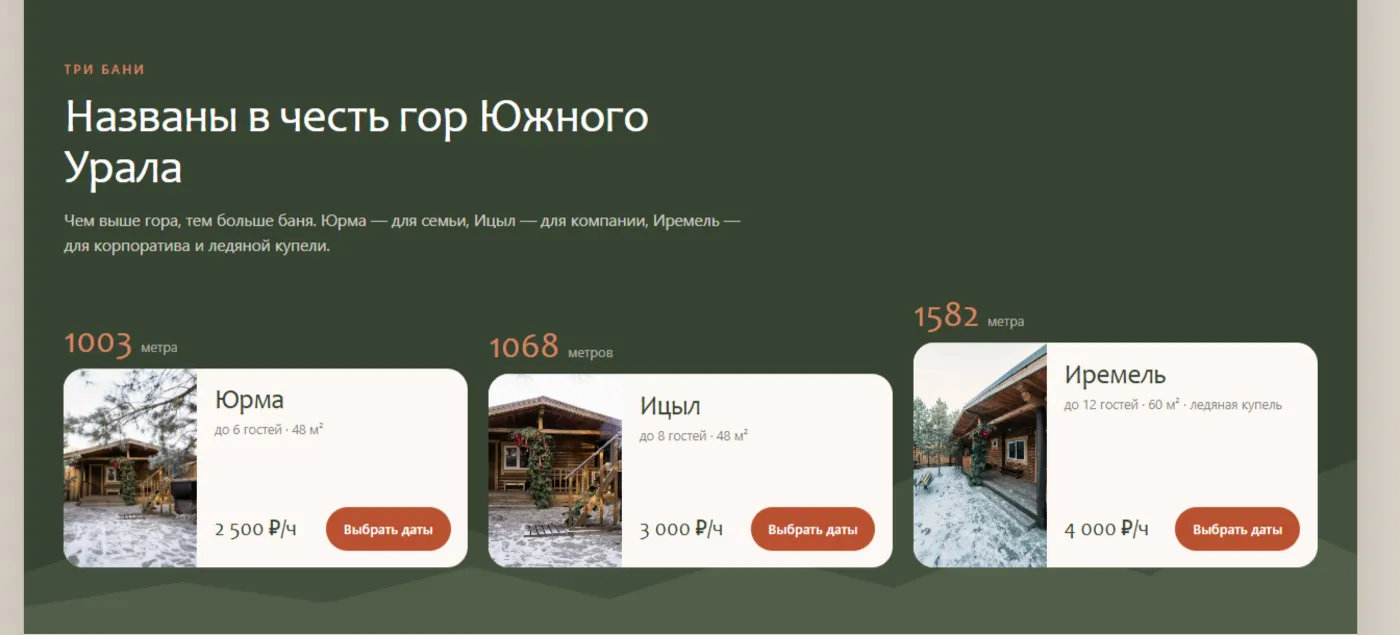 Карточки трёх бань, поднятые по высоте одноимённых гор